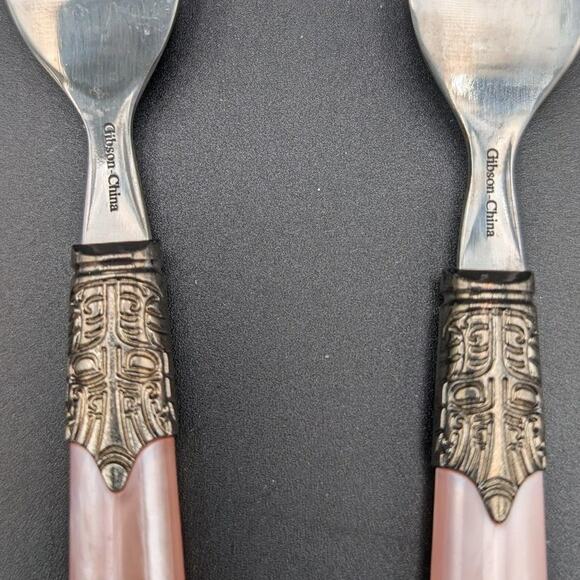 Gibson Roseland Salad Forks Set of 7 Pearlescent Pink Handles Ornate Vintage - Picture 5 of 8